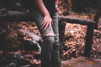 Low section of person standing on land in forest