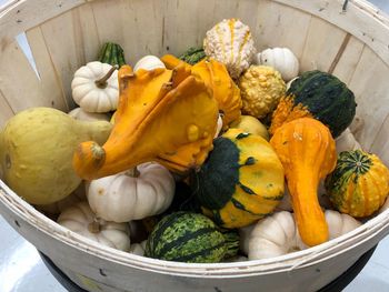 High angle view of pumpkins in basket