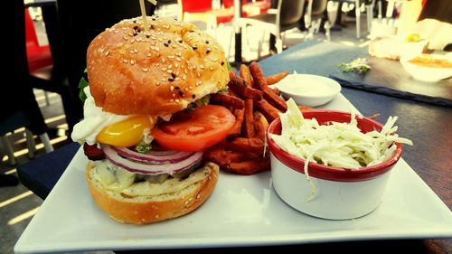 Close-up of food served on table