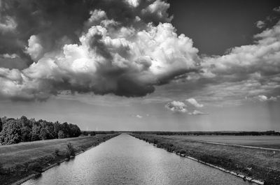 Road passing through field against cloudy sky