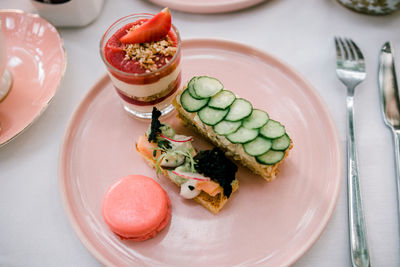 High angle view of breakfast served on table