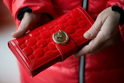 Cropped image of woman holding red purse