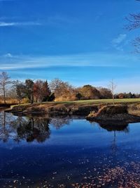 Scenic view of lake against blue sky