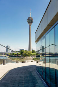 Tower in harbor called medienhafen at the river rhine in düsseldorf, germany.