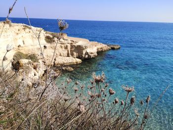 Scenic view of sea against clear blue sky