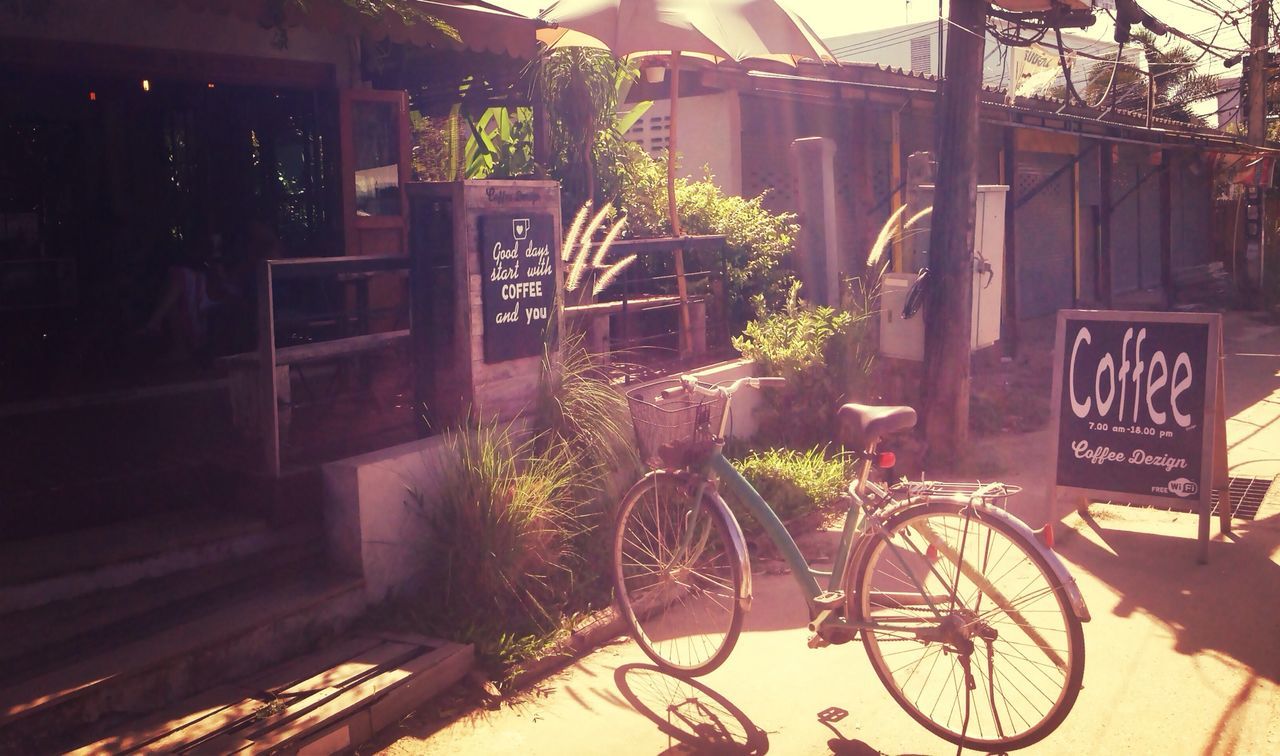 bicycle, building exterior, land vehicle, built structure, architecture, mode of transport, house, transportation, stationary, parking, illuminated, parked, night, potted plant, plant, street, growth, outdoors, tree, no people