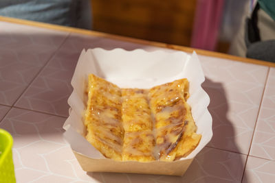 High angle view of dessert served on table