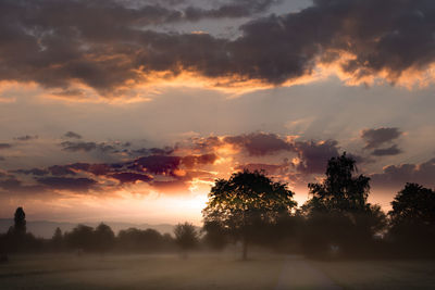 Silhouette trees on landscape against sky at sunset