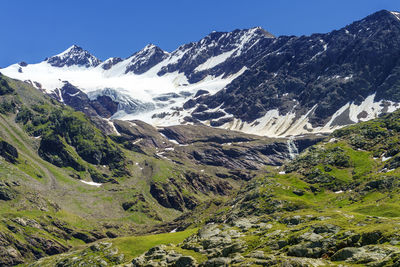 Scenic view of snowcapped mountains against clear sky