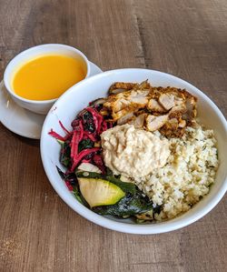 High angle view of breakfast served on table