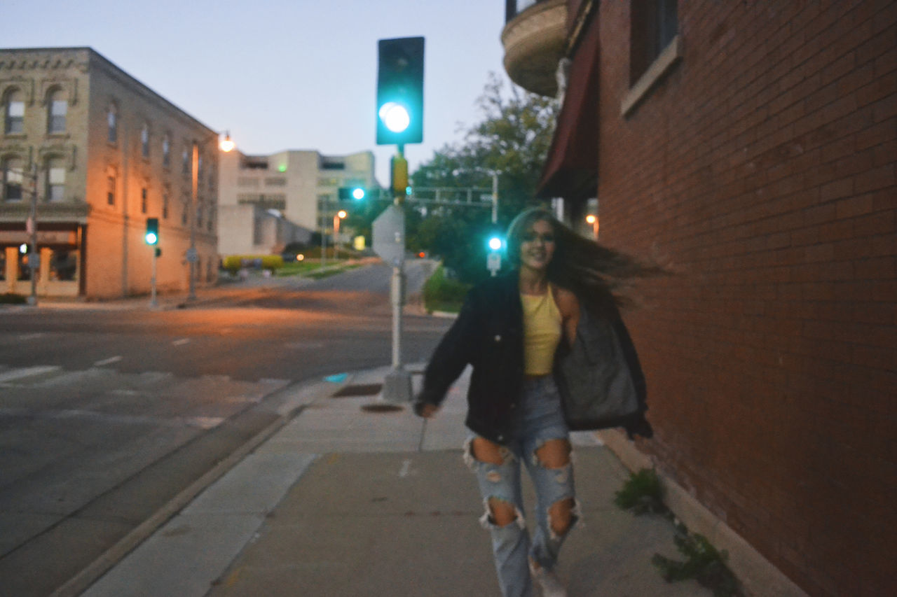 Green Lights Hair Whip Jean Jacket Long Hair Ripped Jeans Skinny Stop Light Teen Girl Twirling