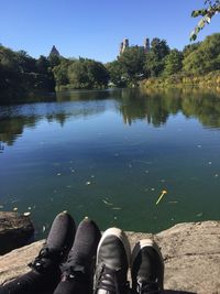 Low section of man by lake