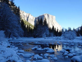 Scenic view of frozen lake against clear sky during winter