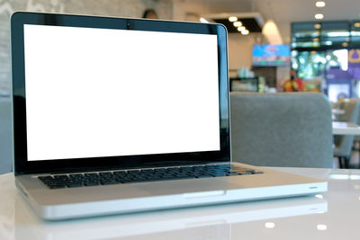 Low angle view of laptop on table