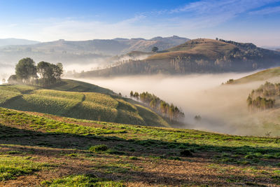 Scenic view of landscape and mountains against sky