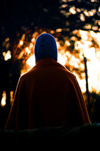 Rear view of man sitting against trees