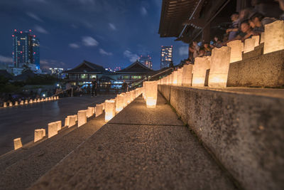 Handmade japanese paper washi lanterns illuminating the stone steps of the zojoji temple.