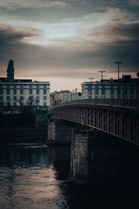 Bridge over river by buildings against sky at sunset