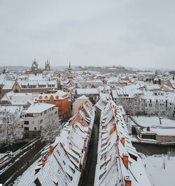 High angle view of snow covered buildings against sky