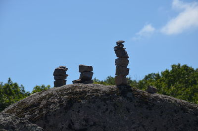 Low angle view of rocks against clear blue sky