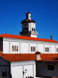 Low angle view of building against clear blue sky