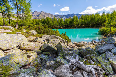 Scenic view of rocks in lake against sky