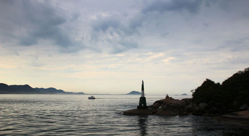 Scenic view of sea and shore against sky during sunset