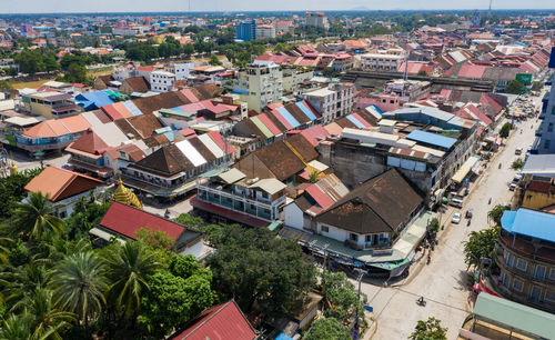 High angle view of street amidst buildings in city