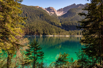 Scenic view of lake by mountains