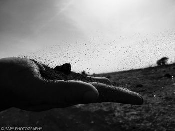 Close-up of hand against sea against clear sky