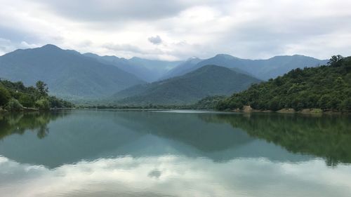 Scenic view of lake and mountains against sky