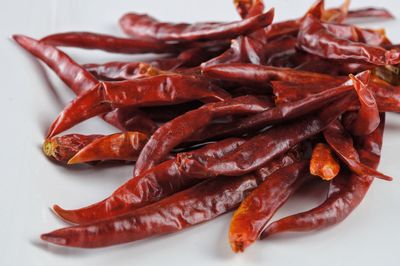 High angle view of red chili peppers in plate