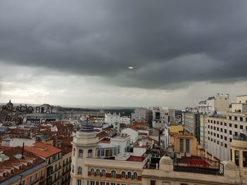 High angle view of buildings in city against sky