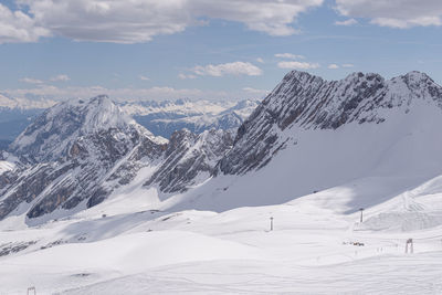 Scenic view of snow covered mountains against sky