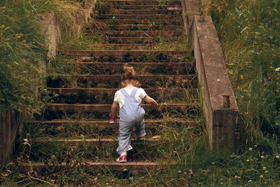 Rear view of girl climbing steps