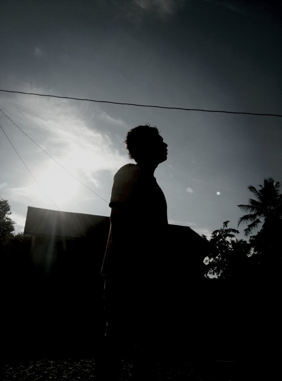 silhouette, men, sky, low angle view, lifestyles, rear view, leisure activity, standing, three quarter length, tree, sunset, outline, human representation, statue, waist up, sunlight, dusk, outdoors