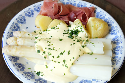 High angle view of breakfast served in plate