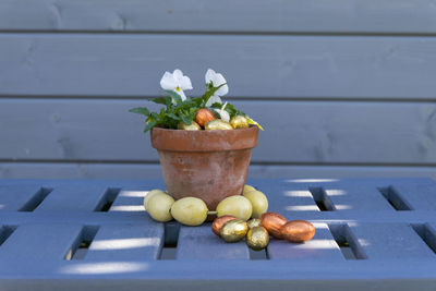 Close-up of fresh fruits on table against wall