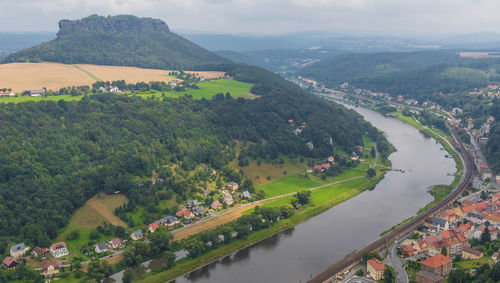 High angle view of river and cityscape