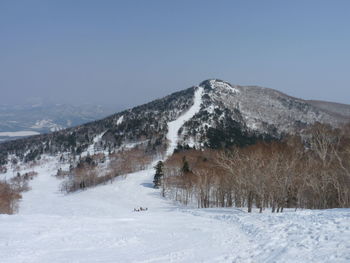 Snow covered area against sky