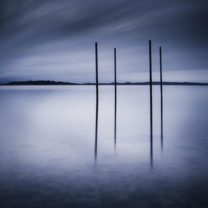 Posts in water at dusk, stegelholmen, gothenburg, sweden