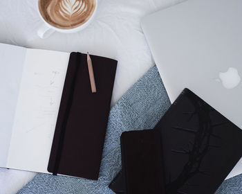 High angle view of book on table