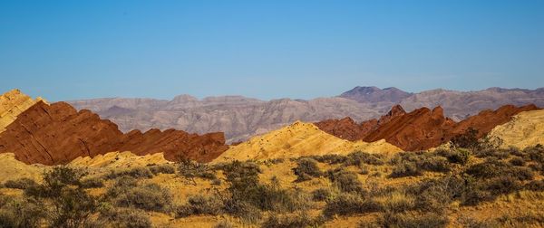 Scenic view of mountains against clear blue sky