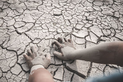 High angle view of human hand on rock