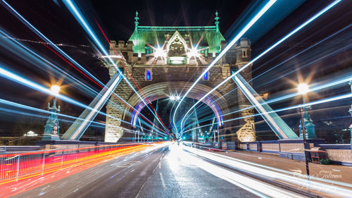 Light trails on bridge at night