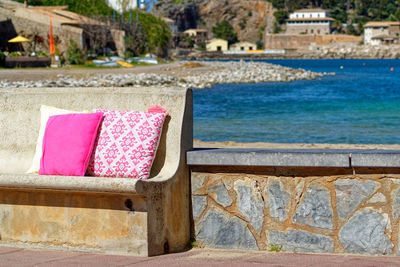 Pink flowers on bench at beach