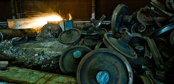 Old train wheels in factory