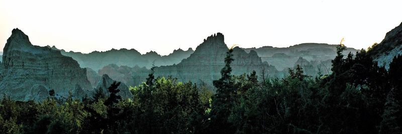 Panoramic view of landscape and mountains against clear sky