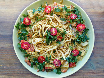 High angle view of food in plate on table