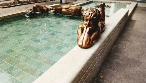 High angle view of statue by water